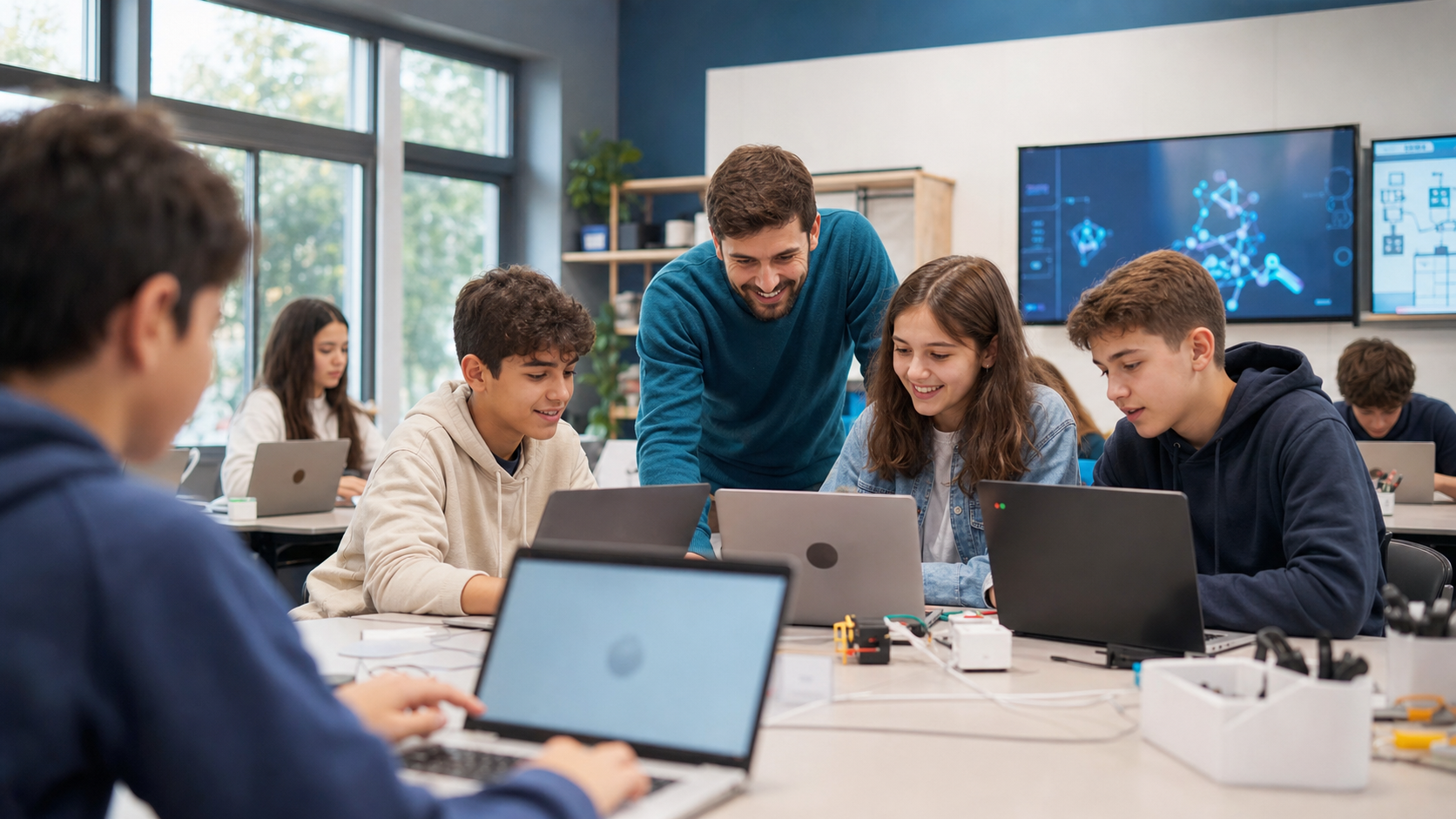 Professor orientando alunos em sala de aula no curso Código do Futuro